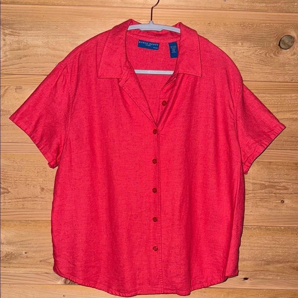 Karen Scott Sport Pink Short Sleeve button front Blouse linen blend petite XL